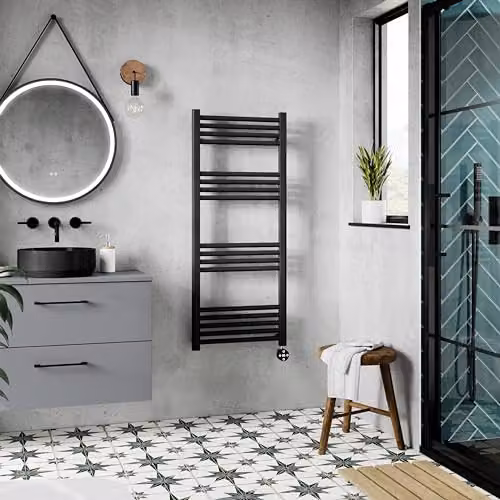nuie MTY460 Electric Round Modern Bathroom Wall Hung Flat Panel Heated Towel Rail, Matt Black, H: 120 cm, W: 50 cm – 2
