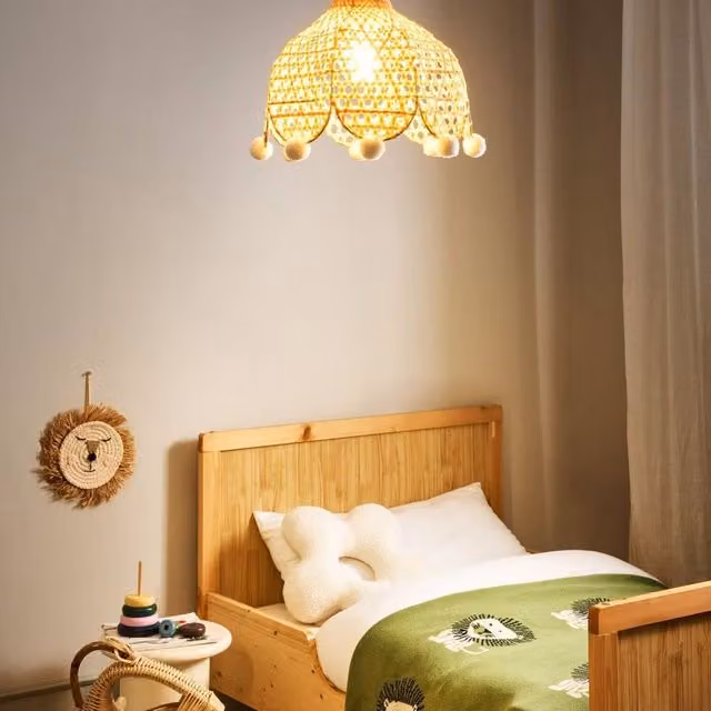 Wyld and Coco Beige Rattan Woven Pendant Lamp with Pom Pom Trim