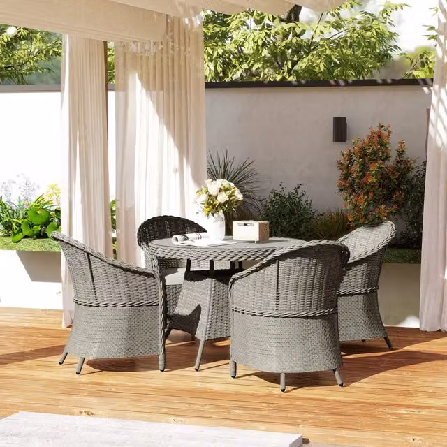 Outsunny Modern 4 Seat Outdoor Patio PE Rattan Dining Set with Glass Top in Mixed Grey
