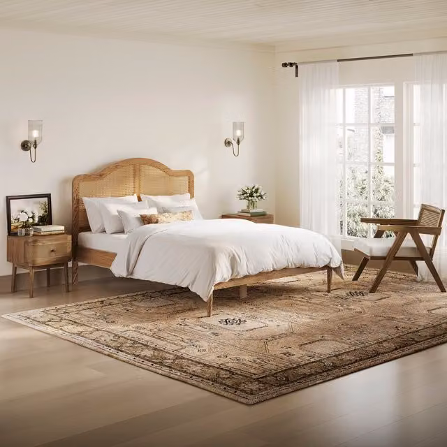 LPD Home Claude Smoked King Size Bed in Brown Wood and Rattan, 180 x 200 cm