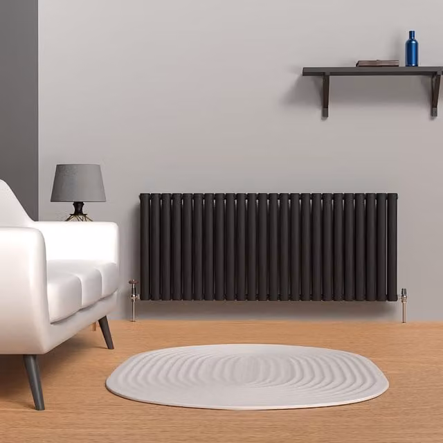 Lux Heat Oval Horizontal Double Radiator in Space Black, W: 144 cm, H: 60 cm