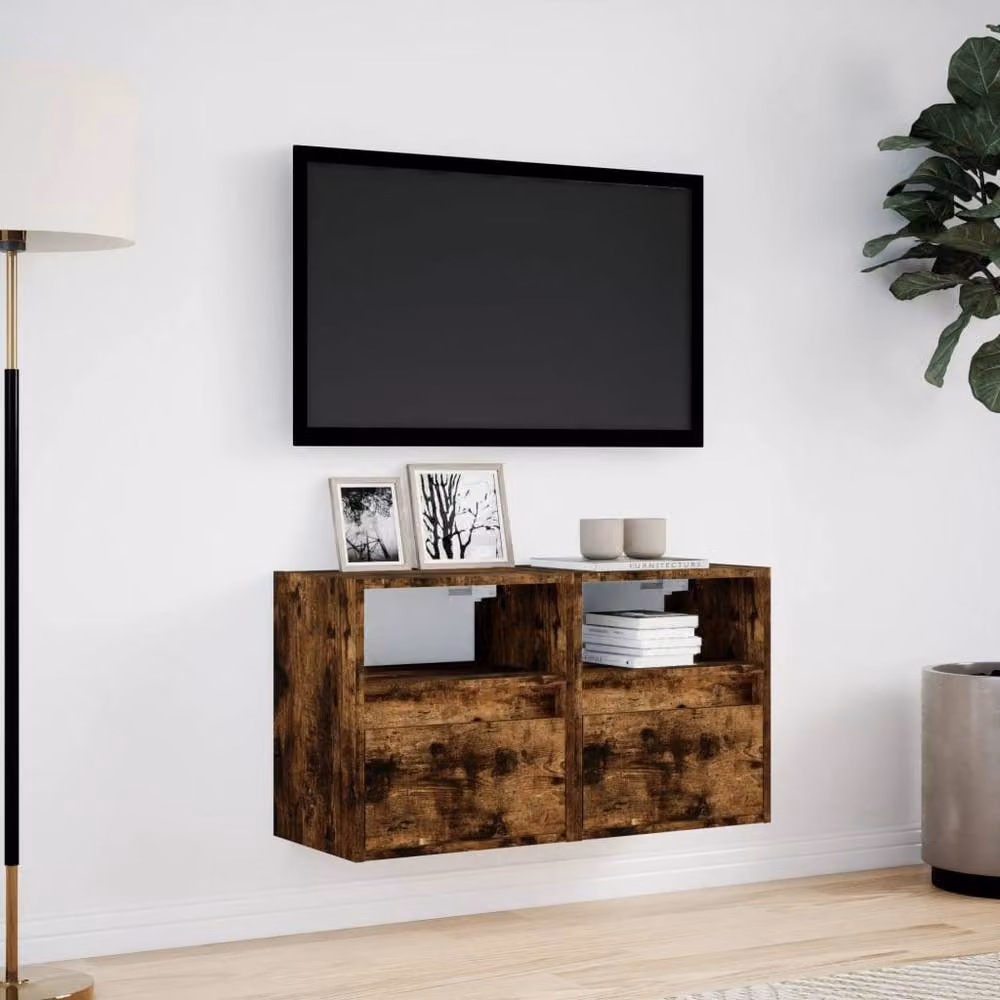 Berkfield Home Set of 2 TV Wall Cabinets with LED Lights in Smoked Oak Brown, W/D/H: 41 x 31 x 45 cm – 3