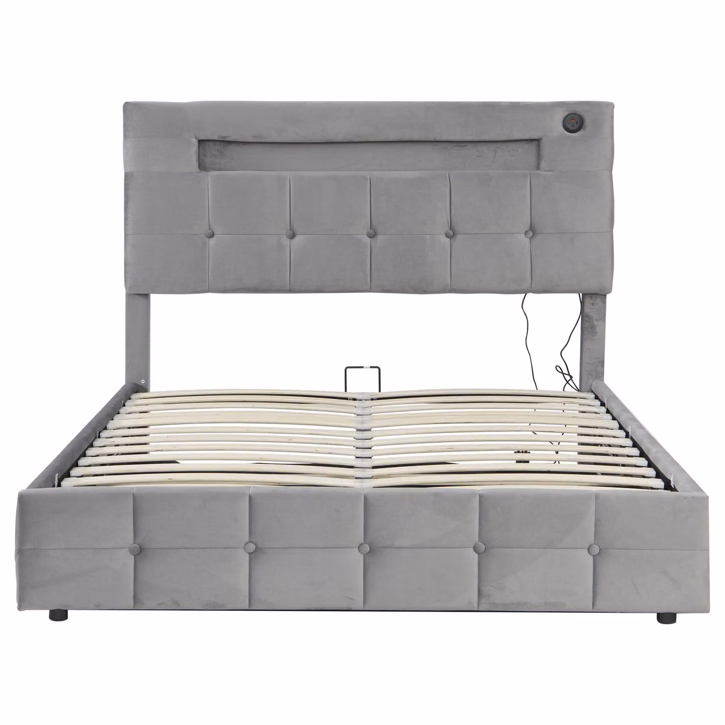 Aosom UK Grey Velvet Double Upholstered Bed Frame with Hydraulic Storage, LED Lighting and USB Charging Station, L x W x H: 202.5 x 142 x 108 cm – 2