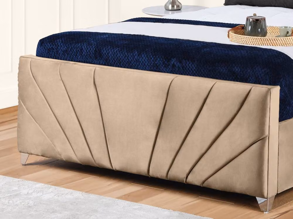 UK Bed Furniture Sunrise Slatted Base Upholstered Velvet Bed in Beige, Super King, W/D/H: 200 x 200 cm – 3