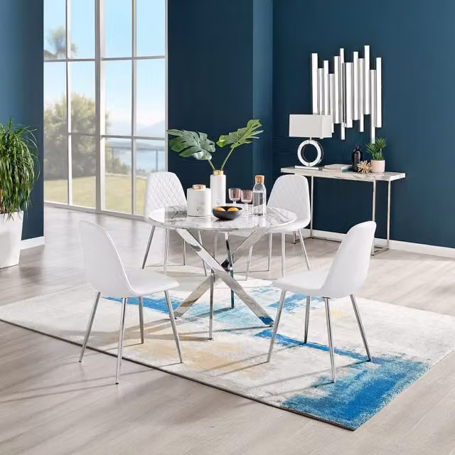 FurnitureboxUK Novara White Marble Effect Round Dining Table and 4 Corona Silver Chairs