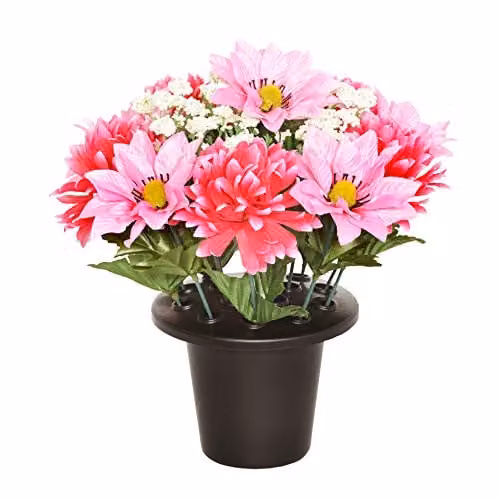 SF Pink and Multicolour Artificial Rose Memorial Graveside Flower Bowl, Diameter: 25 cm
