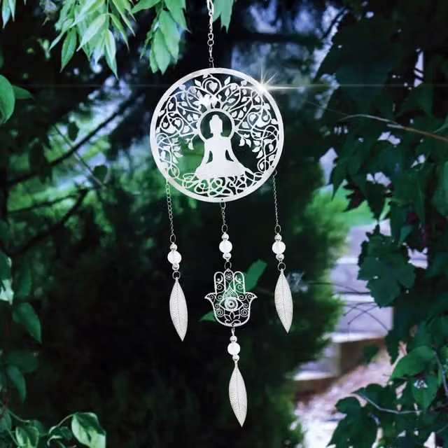 Betley Butterfly Silver Stainless Steel Buddha and Butterfly Hanging Wind Spinner