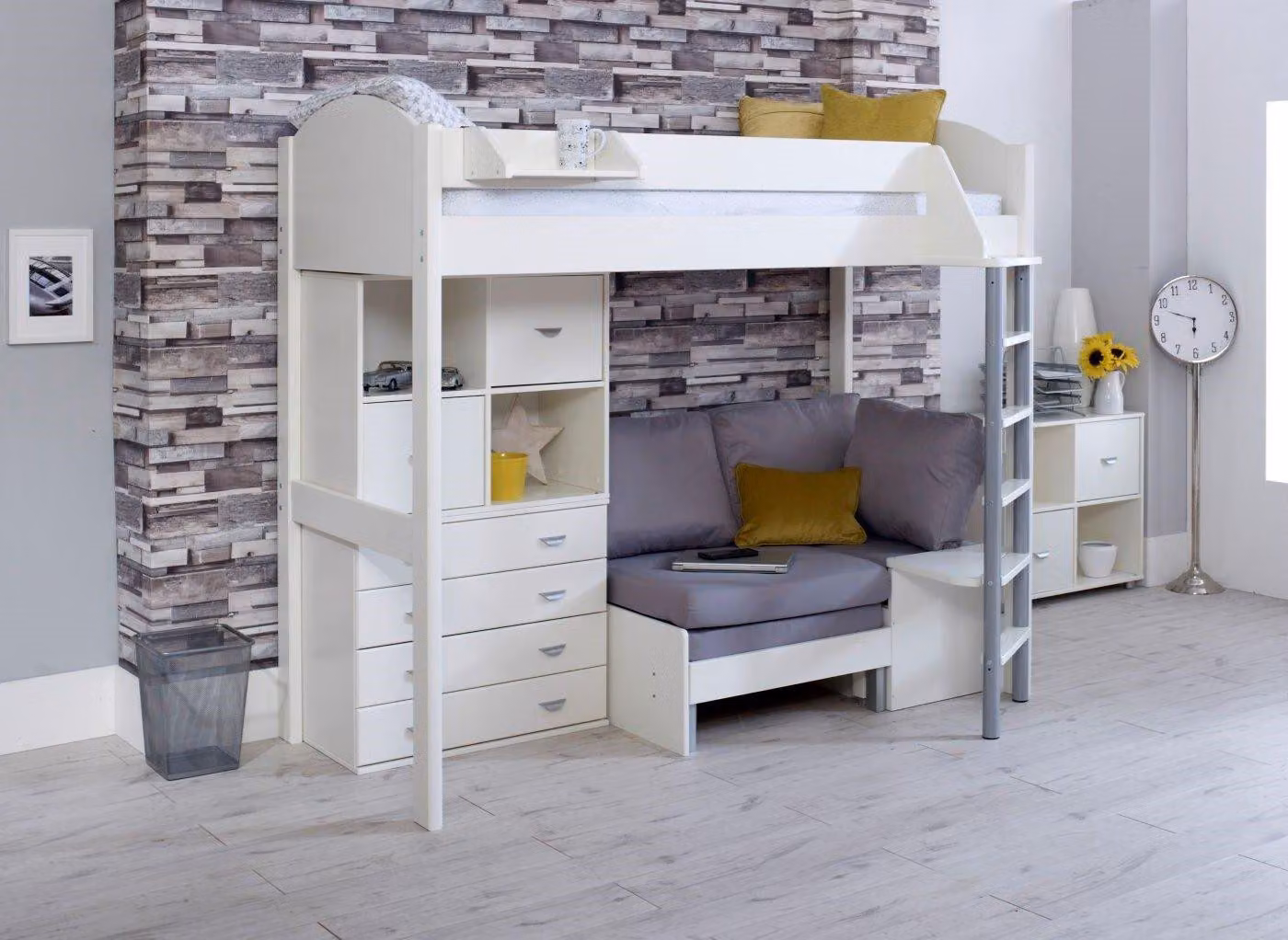 Dreams Timmy High Sleeper with Storage Drawers and Cotton Futon, White Solid Wood