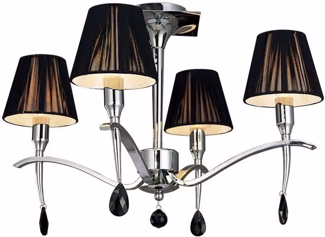 Siena Semi Flush Ceiling Light with Black Shades and Black Crystal, Polished Chrome, Diameter: 55 cm