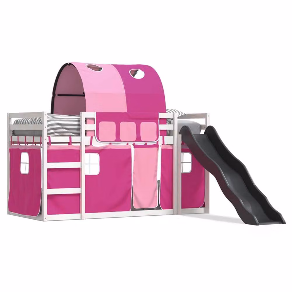 Berkfield Home Elegant Bunk Bed with Slide and Curtains in Pink, Solid Pine Wood, W/D/H: 90 x 200 cm – 3