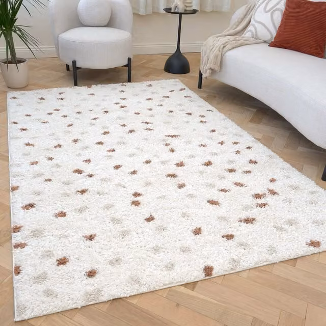 The Rugs Moodi Dots Modern Patterned Shaggy Rug in Beige, Orange and White