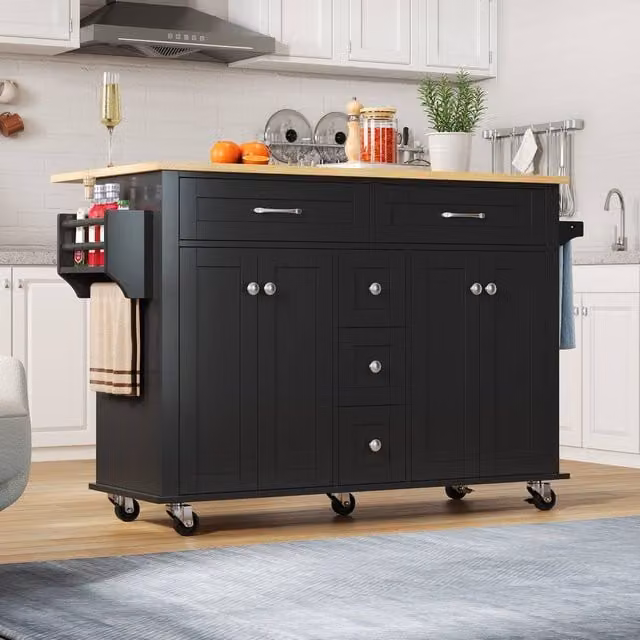 Merax Kitchen Island Trolley with Cabinet, Foldable Countertop and 5 Drawers, Black, W/D/H: 120 x 40 x 89 cm – 1