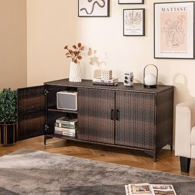 Costway 318 L Brown PE Rattan Patio Storage Cabinet with 3 Hinged Doors