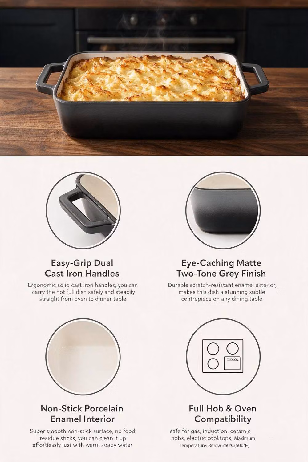 ExtraStar Enamelled Cast Iron Rectangular Casserole Dish with Handles, Grey – 5