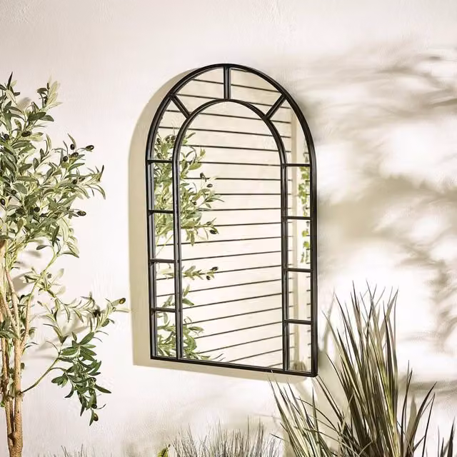 FurnitureboxUK Winona Black Large Arched Window Garden Mirror, W: 90 cm, H: 60 cm