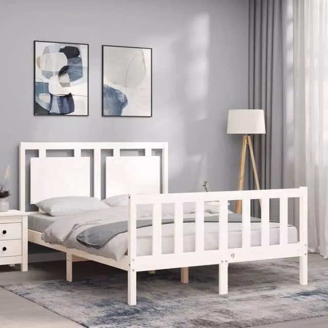 Berkfield Home Beautiful Bed Frame with Headboard in White Solid Pine Wood, W/D/H: 120 x 200 x 125.5 cm – 1