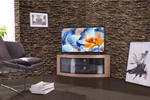 Pangea Beam-Thru Curved Tru-Corner TV Stand in Black and Oak