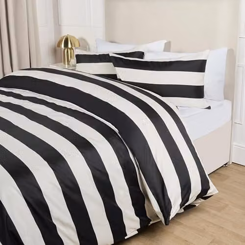 OHS King Size Striped Microfibre Duvet Cover and Pillowcase Set in Black and White, W/D/H: 180 x 200 cm, Pillowcase: 48 x 74 cm – 2