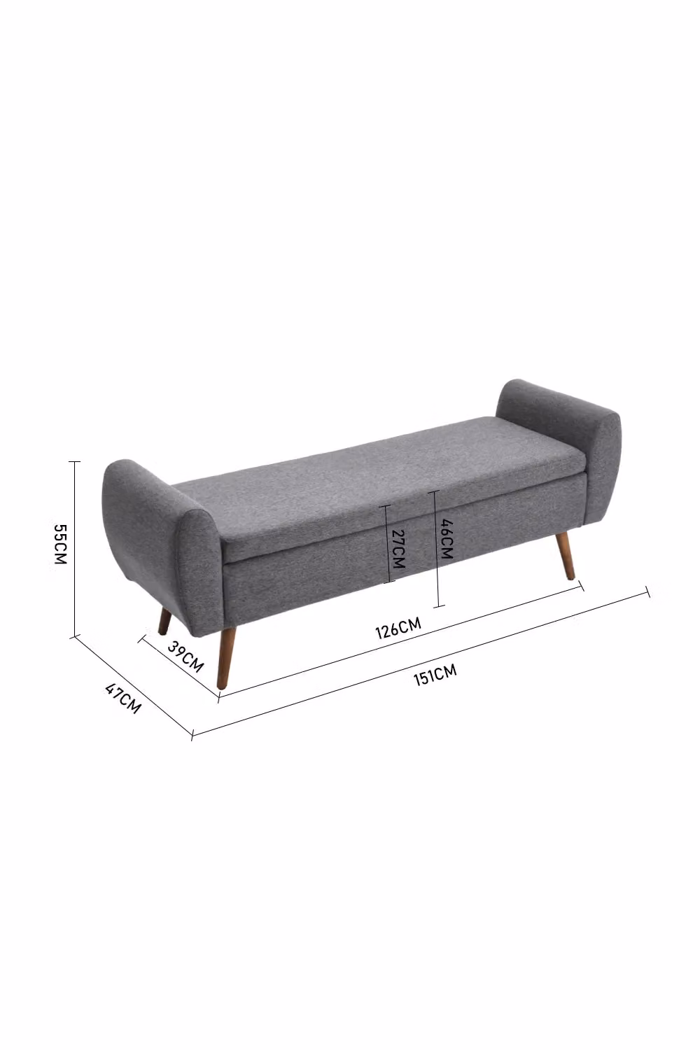 Living and Home 2-Seat Linen Upholstered Storage Bench with Side Arms and Walnut Colored Legs in Grey – 2