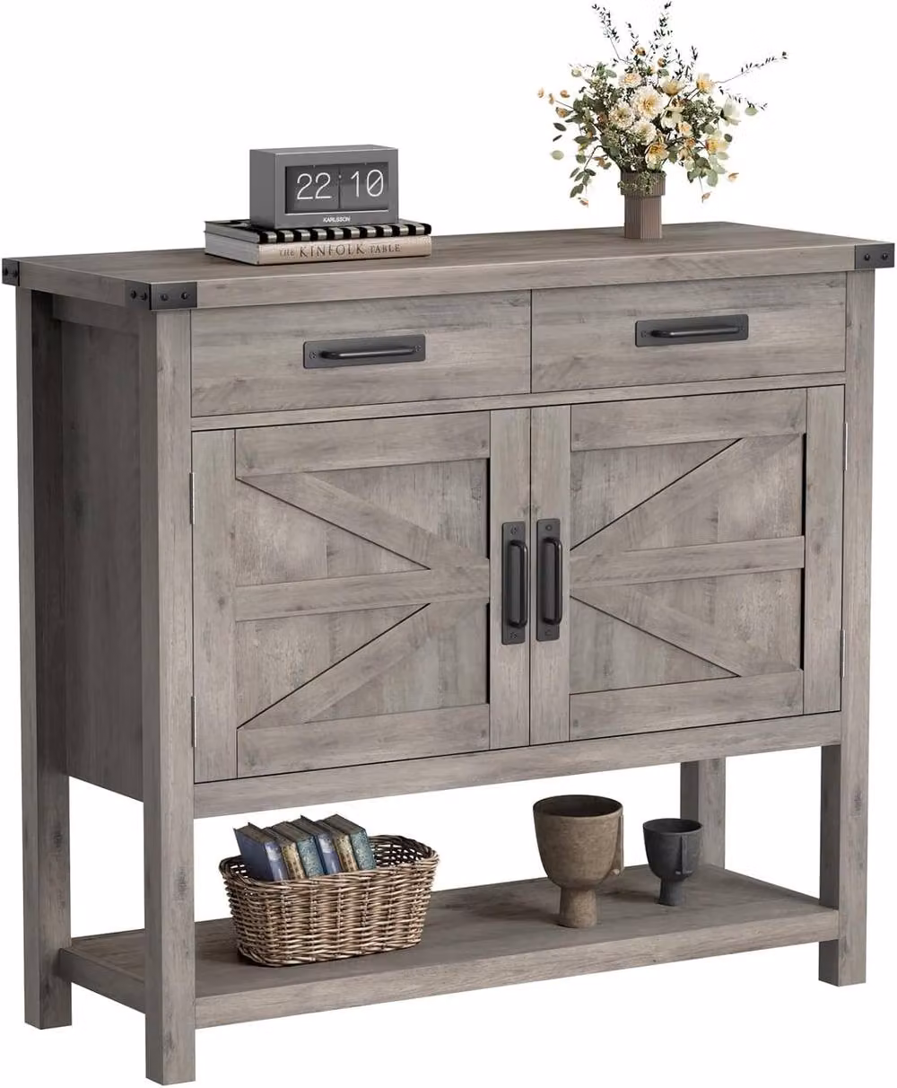London Boutique Grey Wooden Console Table with 2 Doors and 2 Drawers Buffet Sideboard – 2