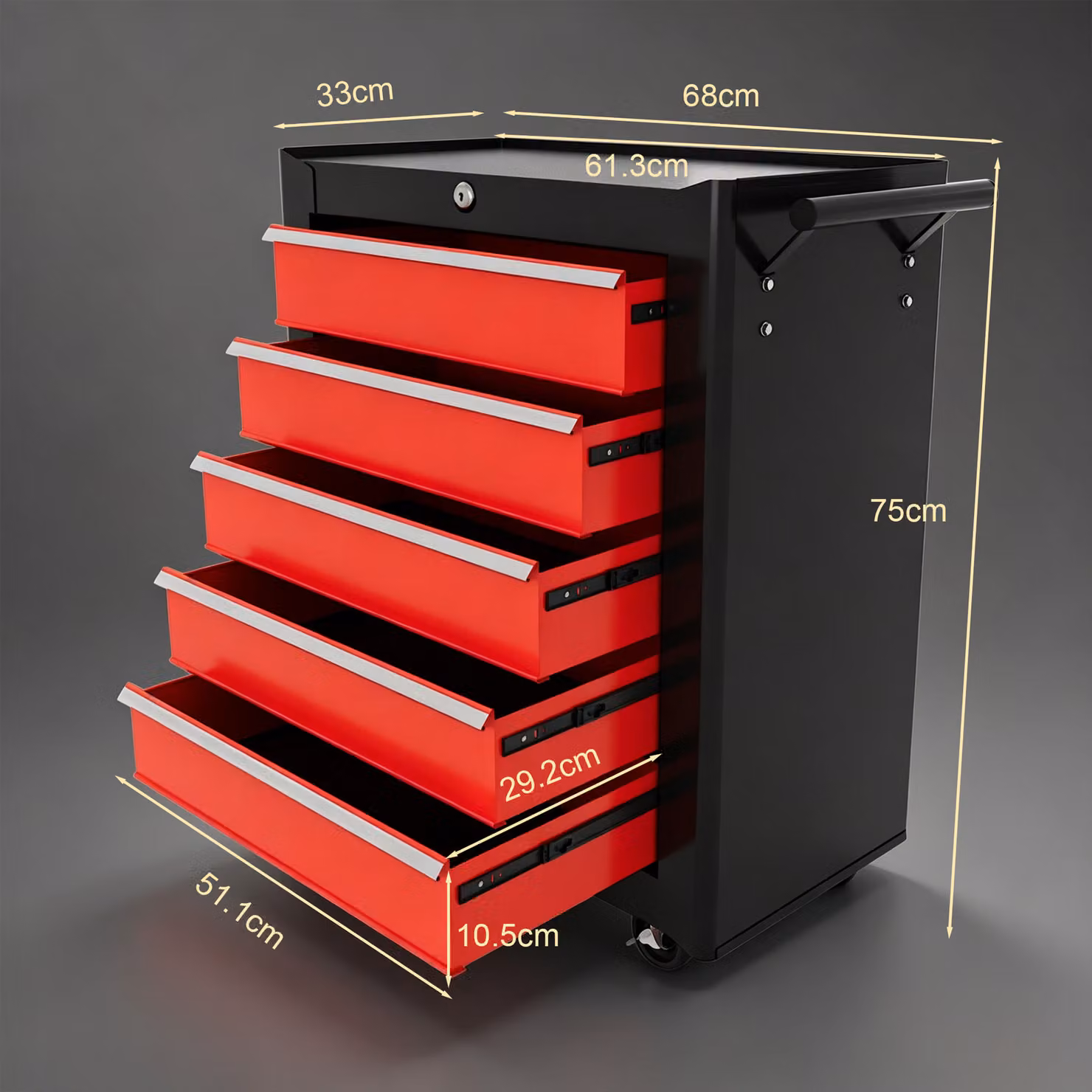 HOMCOM 5-Drawer Steel Tool Chest with Wheels and Lockable Storage Cabinet in Red – 3
