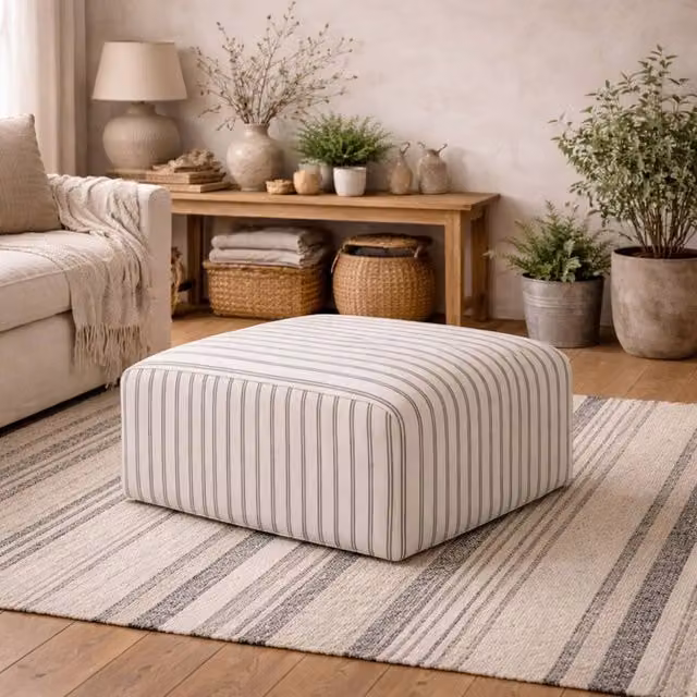 Wyld Haus Malmo Chalk Stripe Square Fabric Pouffe in White