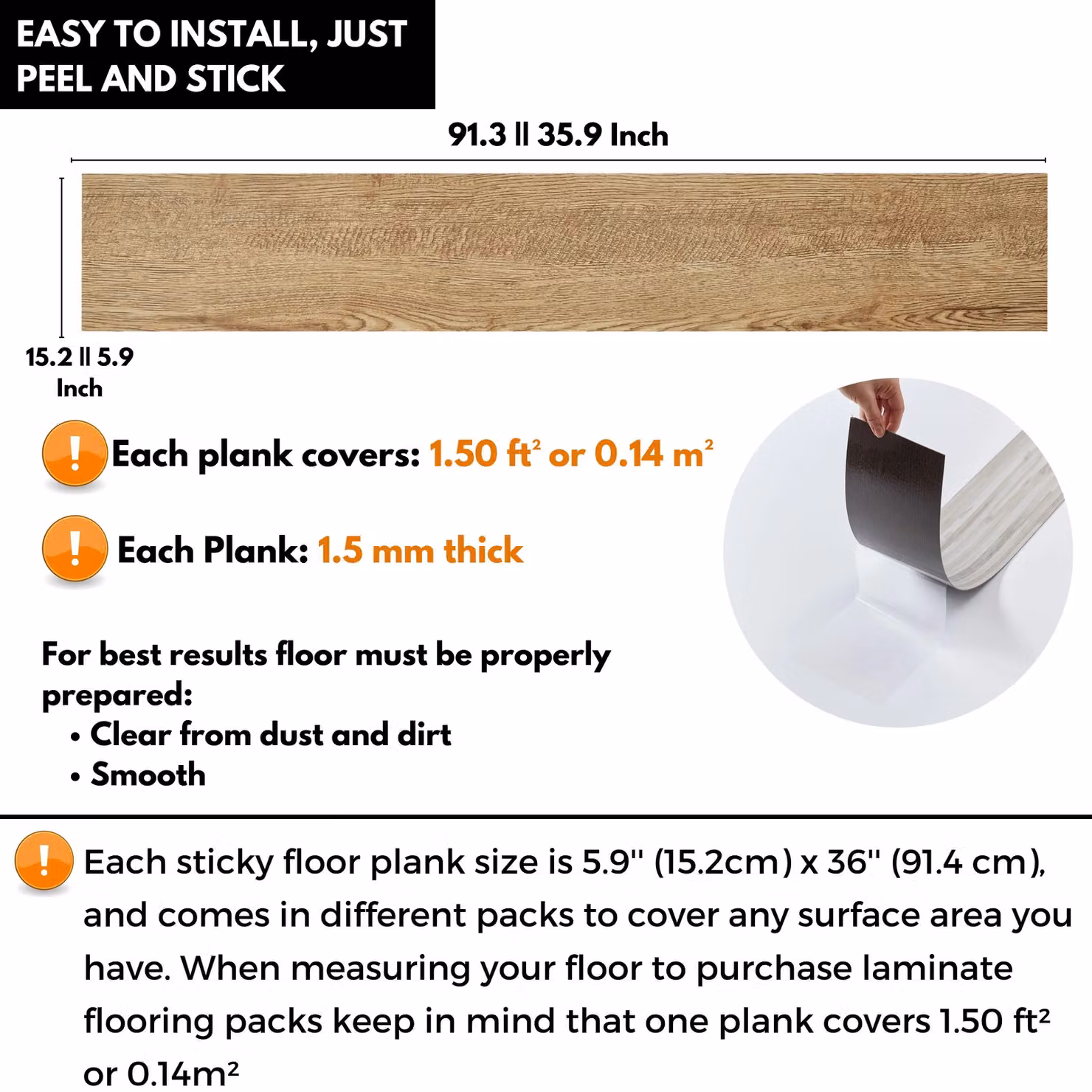 Novecrafto Self Adhesive Wood Look Vinyl Floor Planks, Pack of 7, Beige and Brown, W: 91.4 cm, H: 15.2 cm – 2