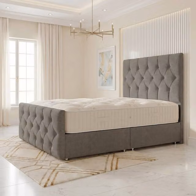 Somnior Ziggy Linen Divan Bed in Silver, Double Size, W/D/H: 140 x 200 x 28 cm