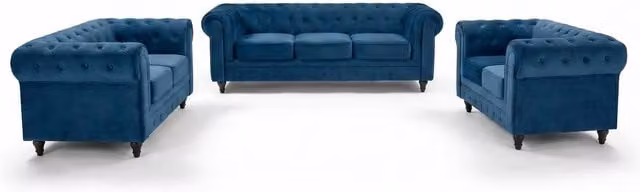 Bravich Chesterfield Scroll Arm Velvet Sofa in Blue, 6 Seater