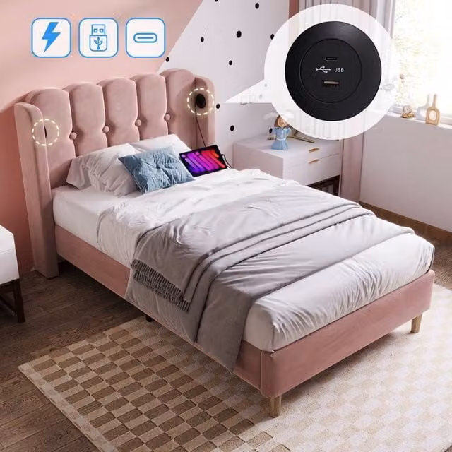 Matteo Pink Velvet Upholstered Single Bed Frame with USB Charging Port, W/D/H: 90 x 200 cm – 1