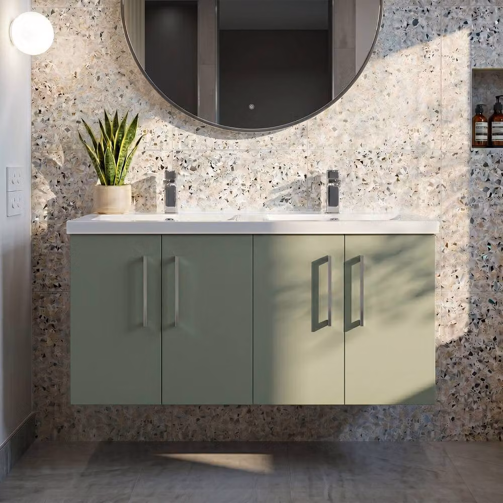 Balterley Modern Wall Hung 4 Door Bathroom Unit with Double Basin in Satin Green, Width: 120 cm – 3