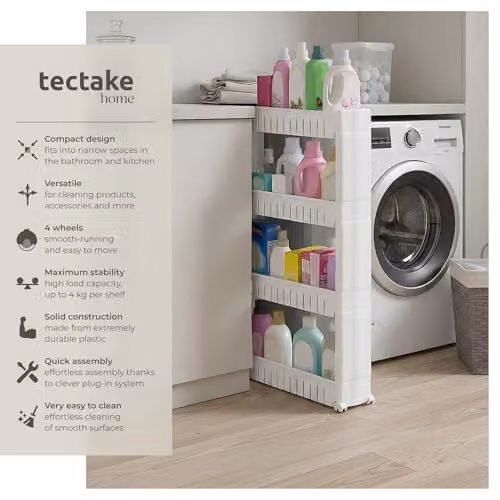 tectake 4-Tier Slim Slide Out Storage Trolley on Wheels in White Plastic with Adjustable Shelves – 2