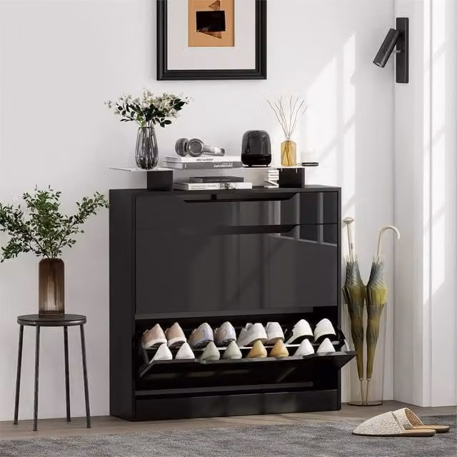 EONLION Black Modern Shoe Cabinet with 3 Drawers and Tilting Compartments, Width: 100 cm