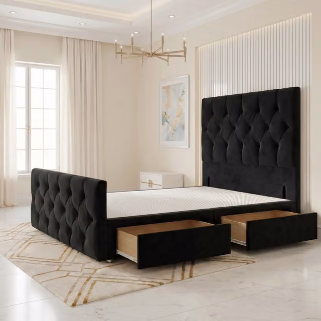 Somnior Beds Ltd Chesterfield Velvet Divan Bed Base with Drawers and Floor Standing Headboard, Black, W/D/H: 120 x 200 x 34.5 cm