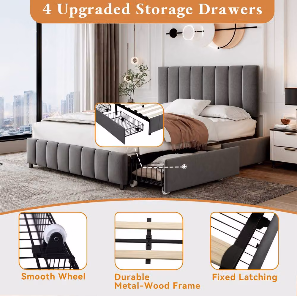 STILVORA Double Upholstered Velvet Bed with Storage Drawers in Grey, W/D/H: 140 x 200 cm – 4