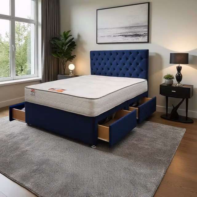 Knight Sleep Athens Plush Bed Set with Mattress and 24 inch Headboard in Blue, W/D/H: 140 x 200 cm