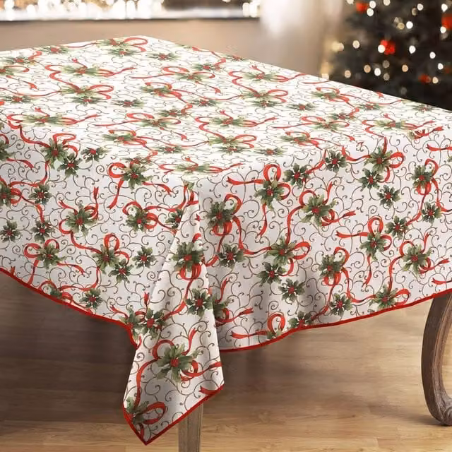 Kitchen Trends Christmas Bows Rectangular Tablecloth in Multicolour and White – 1