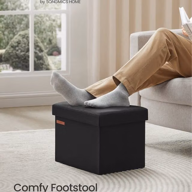 SONGMICS Elegant Black Fabric Storage Ottoman Footrest with High-Resilience Foam