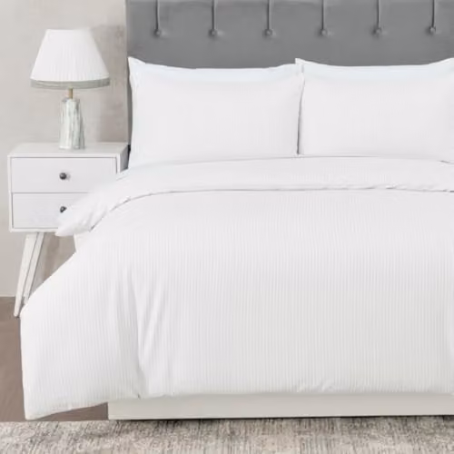 MHG Textiles White Single Striped Cotton-Rich Polycotton Duvet Cover and Pillowcase Set, W/D/H: 135 x 200 cm, Pillowcase: 50 x 75 cm