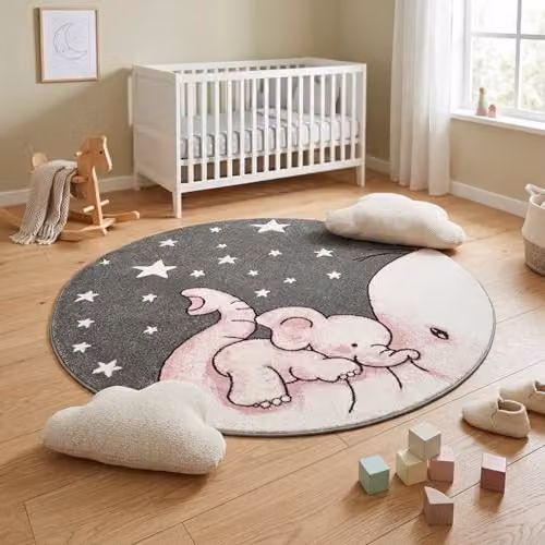 Bravich LTD Pink Baby Elephant and Stars Round Kids Rug, Diameter: 120 cm – 6