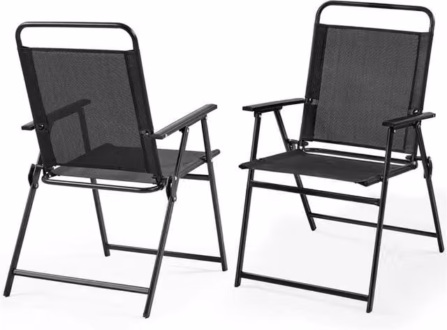 Kelvenix Set of 2 Black Foldable Outdoor Dining Chairs with Texteline and Metal Frame