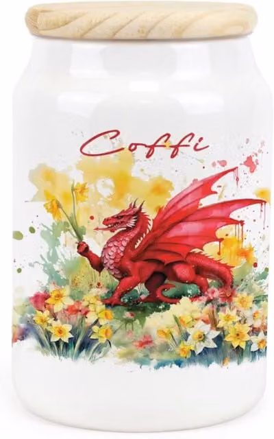 Purely Home Welsh Dragon and Daffodils Ceramic Coffee Storage Canister, Red, Floral, Airtight and Leakproof
