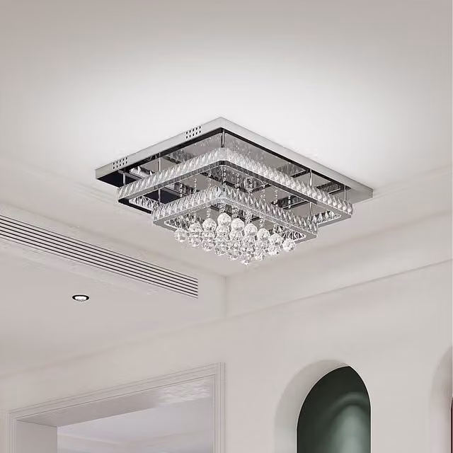 Komore Multi-Layer Rectangular Crystal LED Flush Mount Ceiling Light in Silver and Chrome