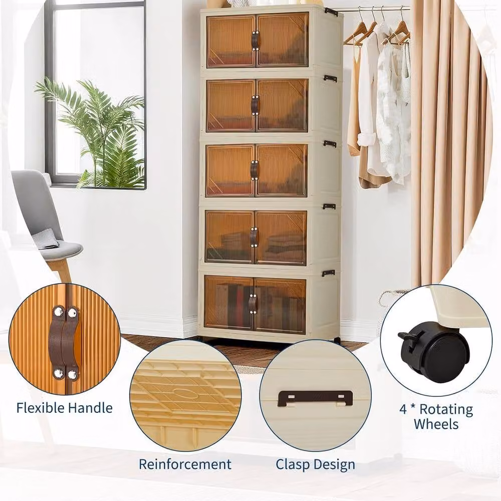 London Boutique Stackable 5-Tier Plastic Wardrobe Organiser Clothes Storage Box in Beige – 3