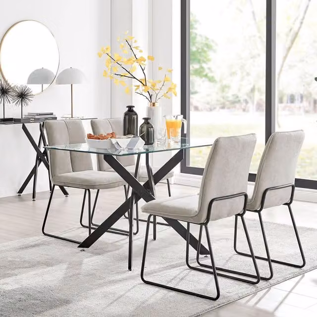 FurnitureboxUK Leonardo Modern Glass Kitchen Dining Table with 4 Halle Beige Chairs and Black Legs
