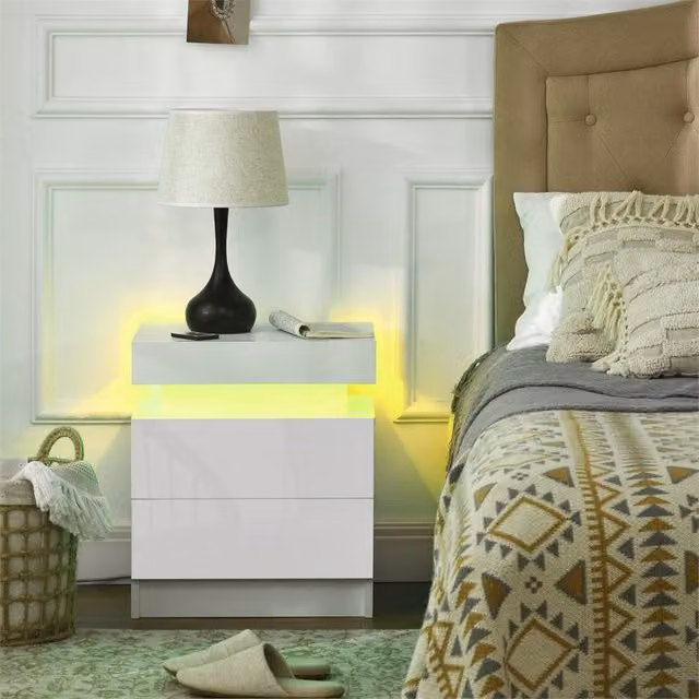 EONLION White High Gloss Bedside Cabinet with Integrated Lighting