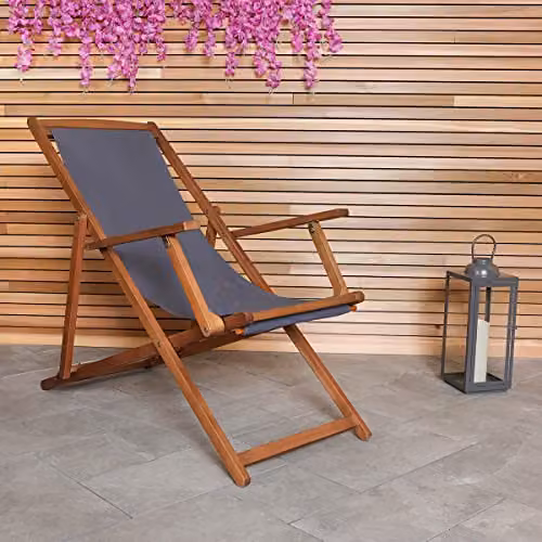 Charles Bentley FSC Acacia Wood Deck Chair with Grey Polyester Fabric and 3 Reclining Positions, W/D/H: 107 x 94 x 61 cm – 2