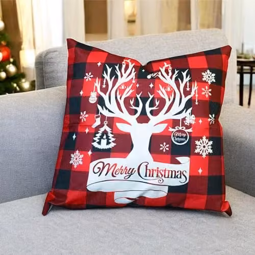 Netagon Red Christmas Themed Square Cushion with Washable Linen Cover and Hollow Fibre Filling, W/D/H: 45 x 45 x 45 cm – 3