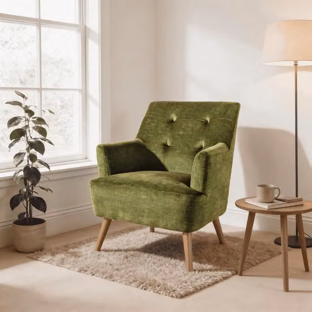 Home Source Arta Modern Plush Velvet Occasional Armchair in Green with Armrests and Wood Legs