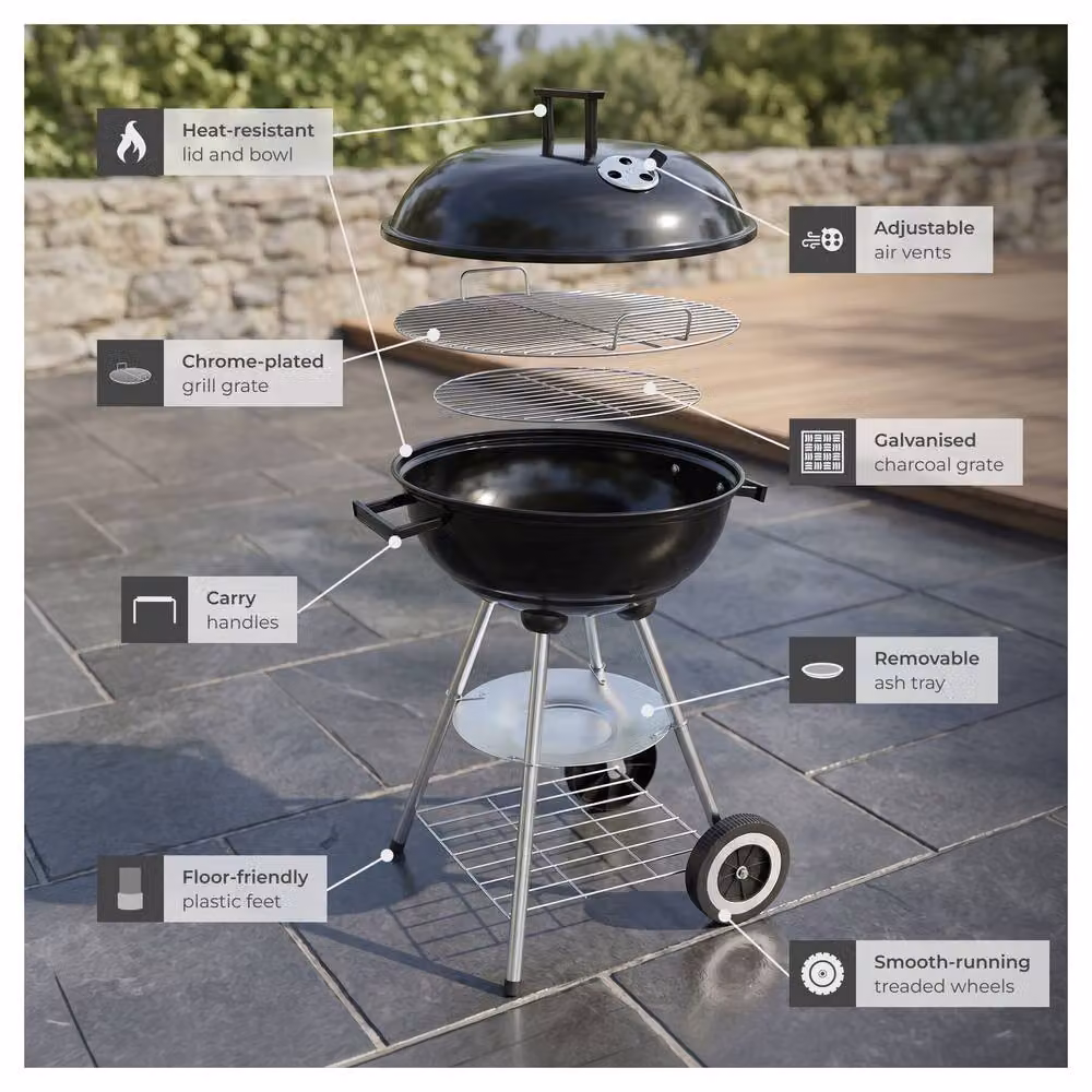 tectake Charcoal Kettle Grill in Black and Multicolour with 2 Wheels and Removable Ash Tray, Diameter: 41.5 cm – 4